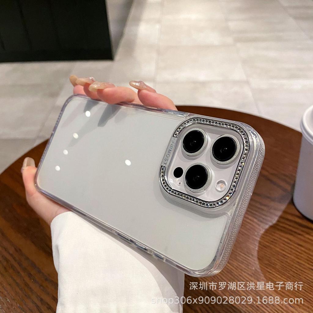 Diamond frame acrylic for iPhone16ProMax mobile phone case large hole Apple 15 transparent anti-drop protective case