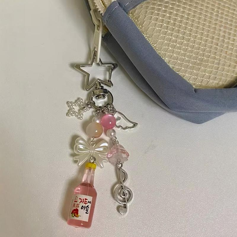 Cute Aesthetic Beaded Star Bow Beverage Bottle Keychain Fashion Funny Keyring Exquisite Backpack Decoration Accessories Gifts