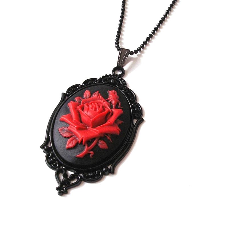 Gothic Red Rose Cameo Choker Necklace Halloween Cosplay Jewelry Adjustable Pendant Necklace Victorian Necklace Jewelry