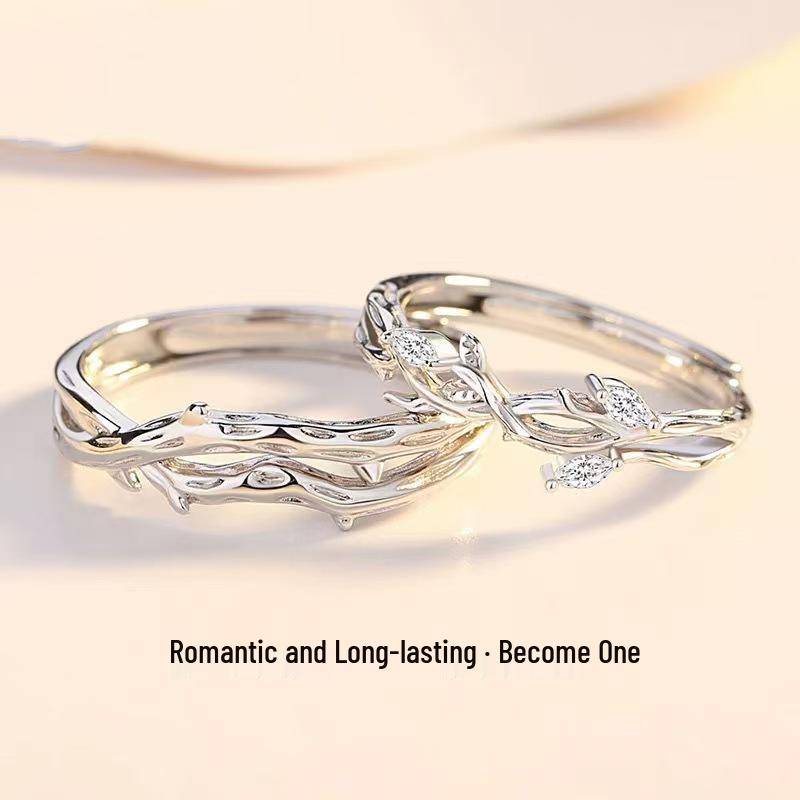 Customized Silver-Plated Linked Branch Couple Rings - Unique Christmas Gift for Girlfriend/Boyfriend