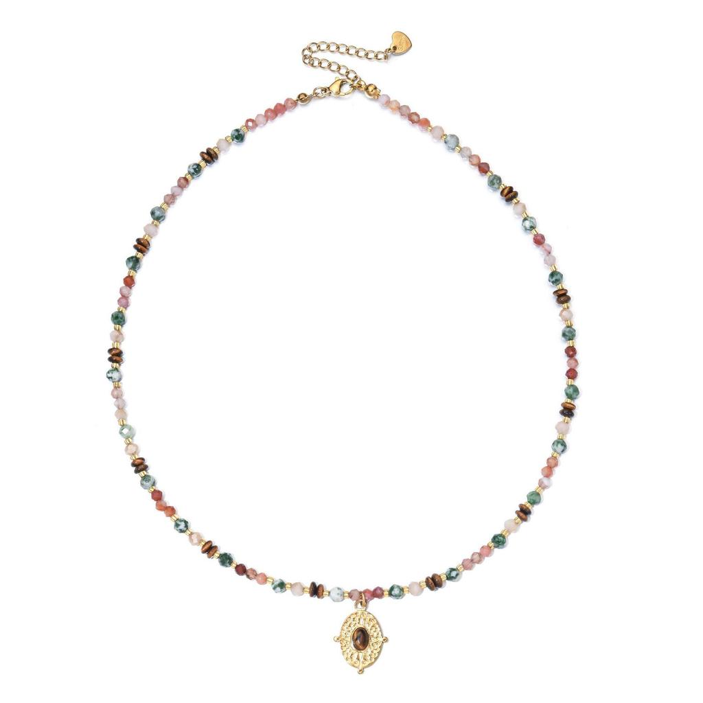 Bohemian Multi-color Stone Beaded Necklace with Stainless Steel Pendant