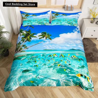 Sommer Strand King Queen Bettbezug Blaues Meer Fische Bettwäscheset Hawaiianisches Meer Palmen Steppdeckenbezug Meeresleben Bettdeckenbezug
