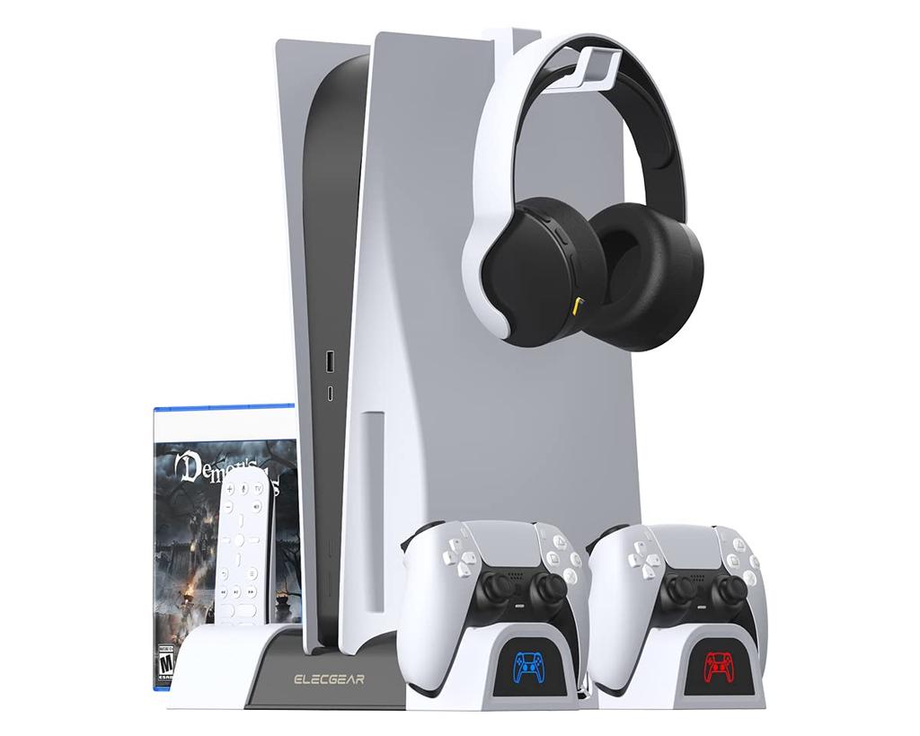 ElecGear PS5 Vertical Stand and Cooling DualSense Wireless Controller Charger Game Storage Bracket for PlayStation 5 and Digital Edition Media Remote