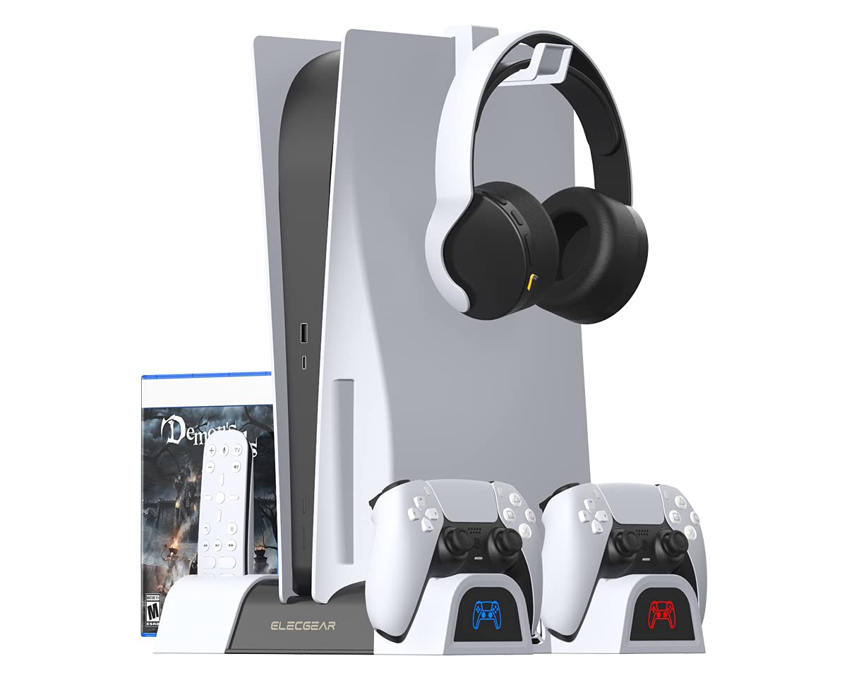 

ElecGear PS5 Вертикальна підставка та охолоджувальна зарядка для бездротових контролерів DualSense, кронштейн для зберігання ігор для PlayStation 5 та Digital Edition, пульт дистанційного керування медіа