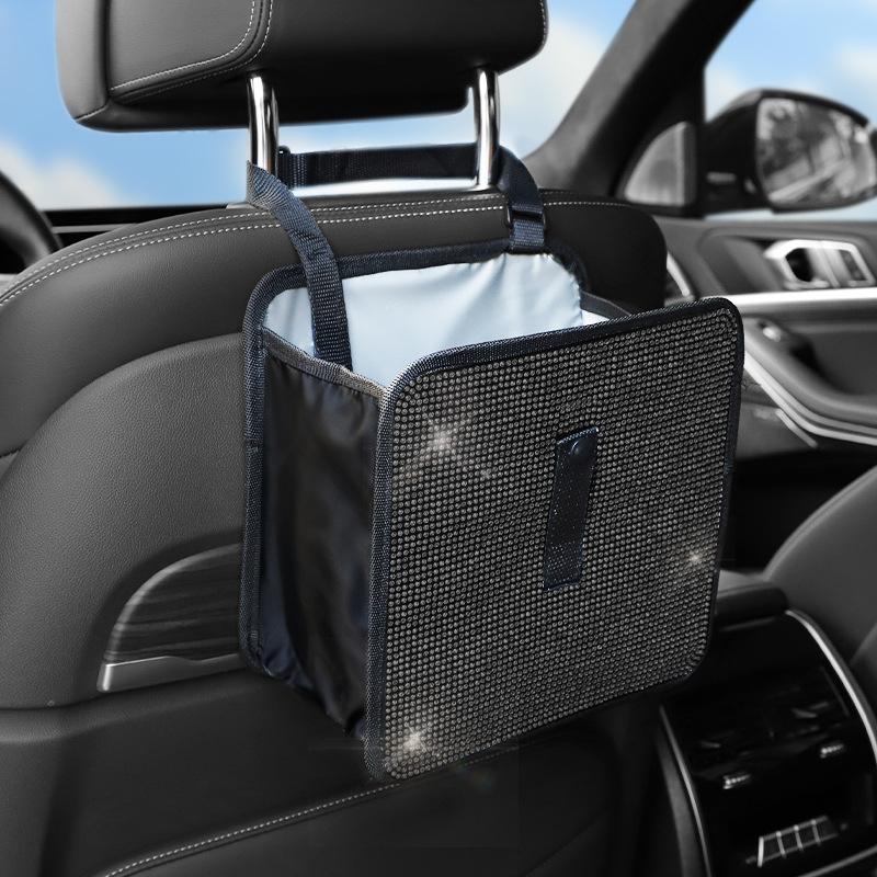 Bling Collapsible Car Trash Can Large Capacity Seat Back Hanging Garbage Storage Bag Organizer For Women Interior Accessories