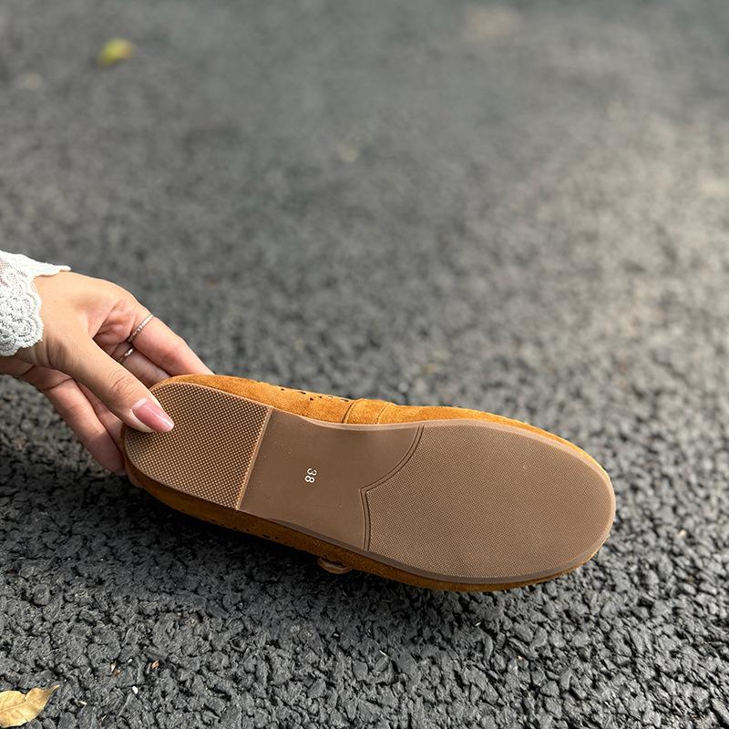 Johnature Retro Cow Suede Hollow-out Flat Shoes Breathable Soft Sole Versatile Women's Shoes