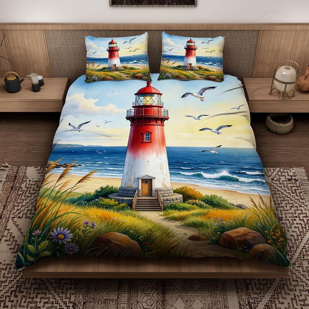 3D-Druck Leuchtturm Doppelbettwäsche-Set 2 Teile Reißverschluss Ozean Maritim Mikrofaser Bettbezug mit Kissenbezug 50*75cm