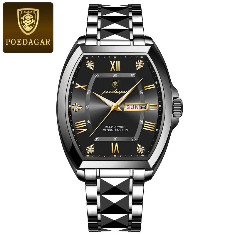 POEDAGAR Stainless Steel Watch Men Luxury Brand Business Luminous Waterproof Male Clock Tonneau Case Calendar Men Quartz Wristwatches