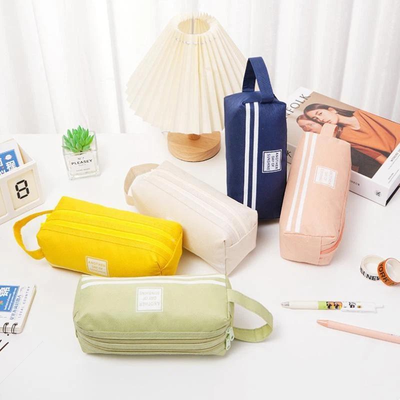 Oxford Cloth Pencil Case Large Storage Double Zippers Portable Handle For Students School Office Daily Stationery Use