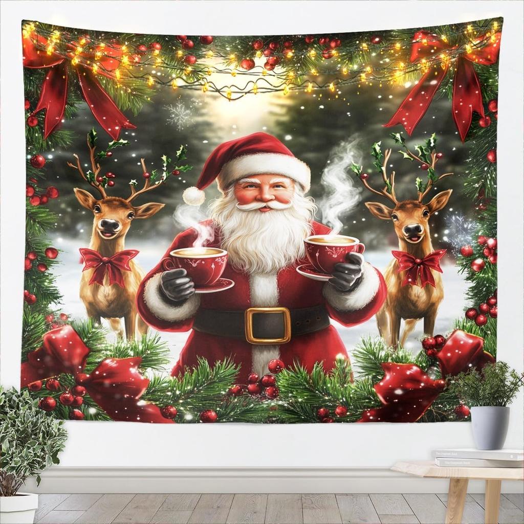 Jejeloiu Pink Christmas Tapestry Small  Kids Snowy Xmas Landscape Wall Art Winter Scene Wall Hanging Blanket Microfiber