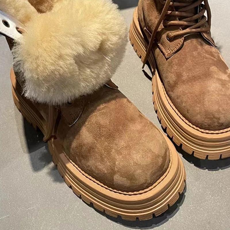Platform Snow Ankle Boots Women Fur Warm Suede Shoes Woman 2025 Trend Winter Short Plush Goth Walking Motorcycle Botas De Mujer
