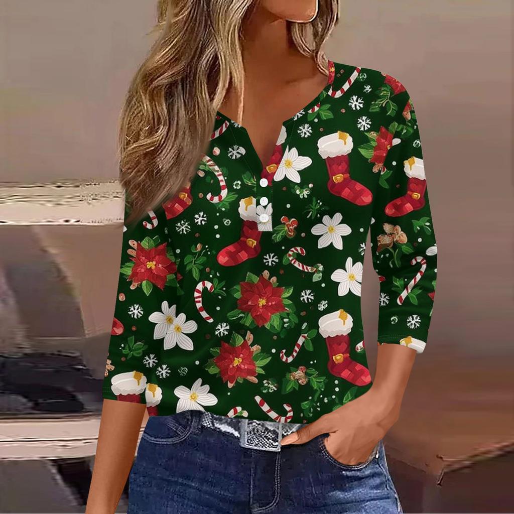 Women's Casual Fashion V-neck Loose Versatile Christmas Print Three-quarter Sleeve Top