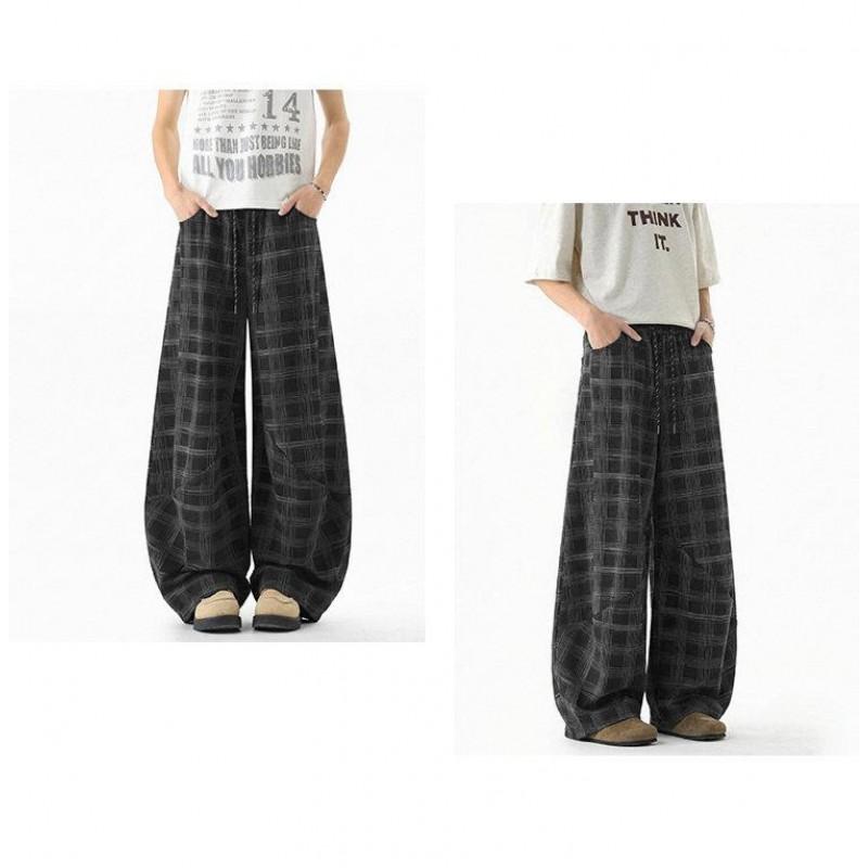Mens Loose Straight Leg Plaid Pants Casual Wide Trousers Elastic Waist Fall Daily Wear