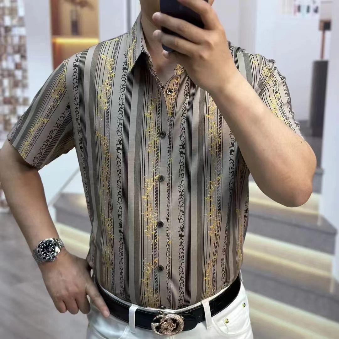 

Новая американская приталенная мужская рубашка с принтом, универсальная, с коротким рукавом, с узором, для личности, с отложным воротником, тянущаяся 5XL кофейный