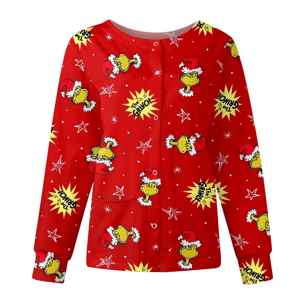 Women's Casual Fashion Long Sleeve Standing Collar Single Breasted Christmas Print Workwear Jacket Tops