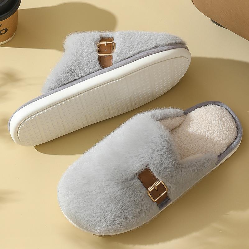 Simple solid color cotton slippers women's autumn and winter home use warm and non-slip couple's premium plush slippers men's