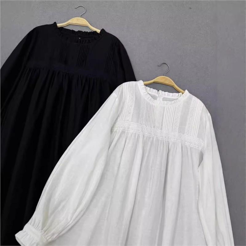 Johnature Japonské ženy Lesní šaty Vintage akordeon plisovaná krajka Volné Jednoduché Jednobarevné Podzimní Dámské Šaty