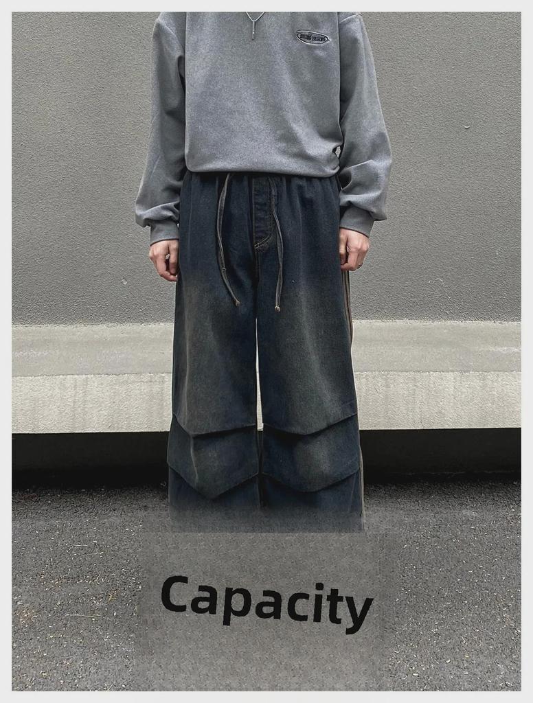 Sonbahar/Kış Çizgili Pileli Bol Günlük Pantolon: Retro Amerikan Sokak Stili Kot Pantolon