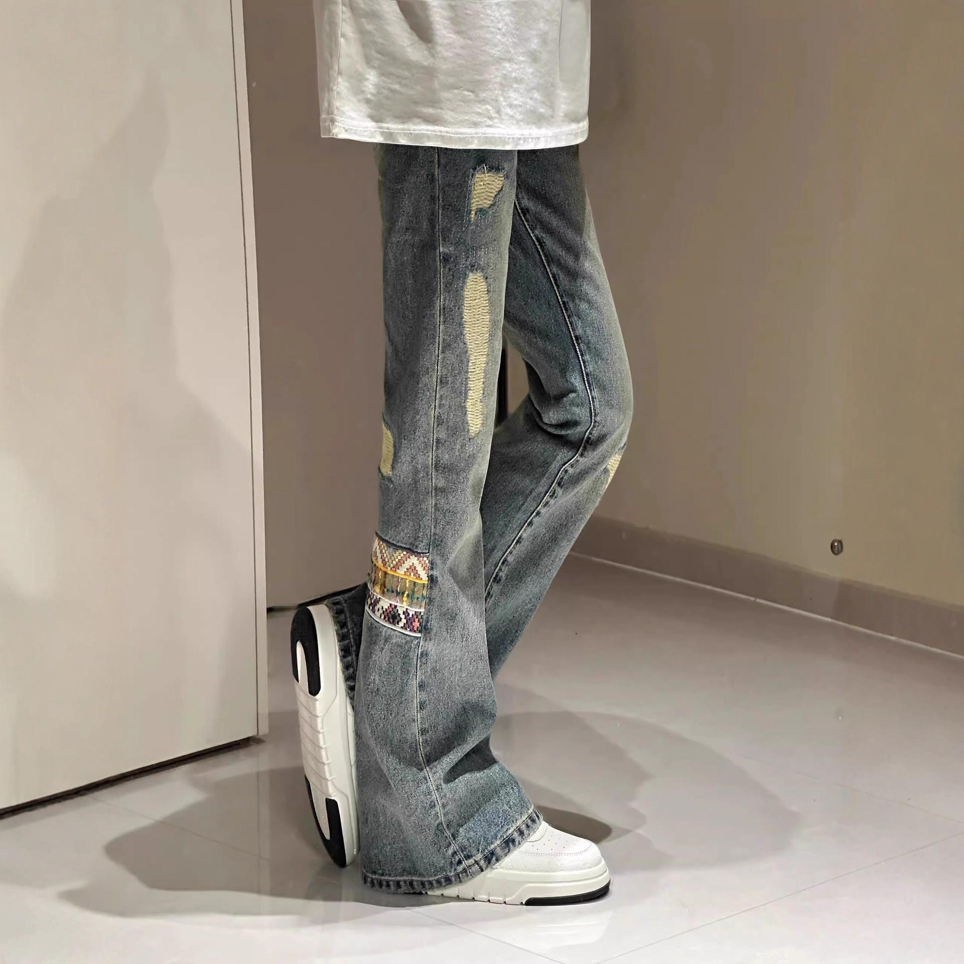 Джинсы JYL мужские расклешенные летние с грязевым окрашиванием, пэчворк, уличный стиль, прямые джинсовые M бездна