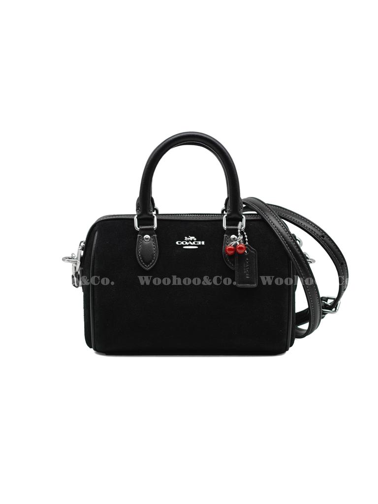 Coach Mini Torba Satchel Rowan, Czarna Skóra Zamszowa z Wiszącym Wiśnią, Damska Torba Crossbody, Codzienna Casualowa na Podróże Zakupy CDC93-SVBK