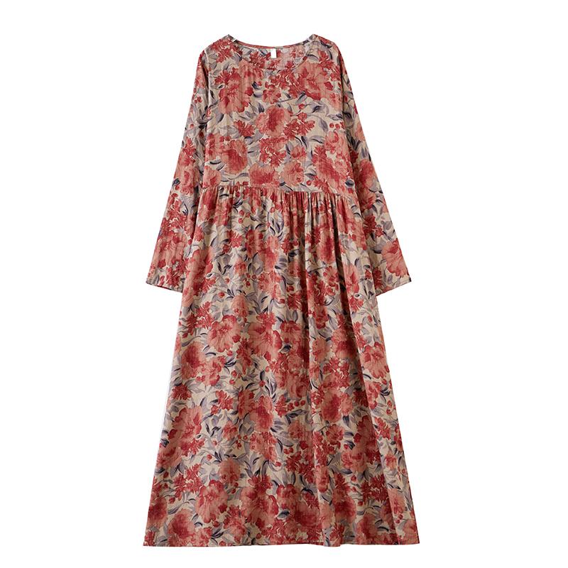 DIMANAF 2025 Damen Übergröße Frühling Sommer Langes Kleid Vintage Kleid Leinen Blumen Lockerer Stil Damen Maxikleid