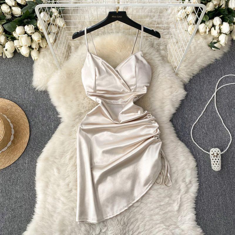 

Accessible Luxury Drawstring Satin Niche Style Pure Desire Sling Dress Apricot M
