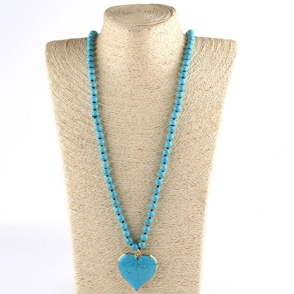 Knot Design Turquoise Beaded Necklace Heart Shape Pendant Heart Pendant Necklace  Ethnic Style