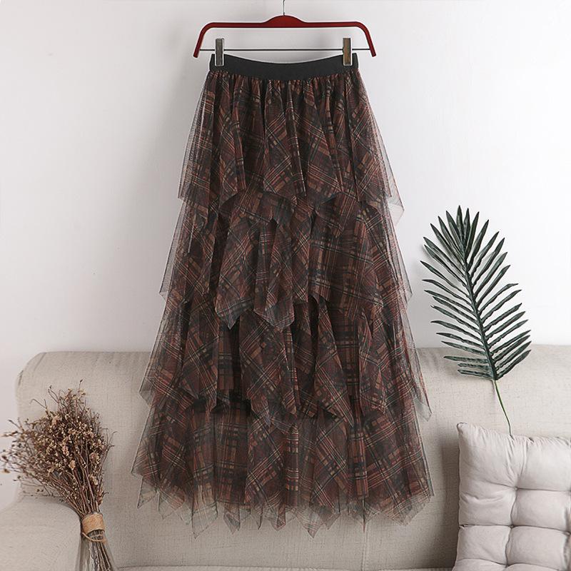 Color-Block Plaid Multi-Layer Mesh Skirt - Women's High-Waisted Midi Skirt for Autumn/Winter