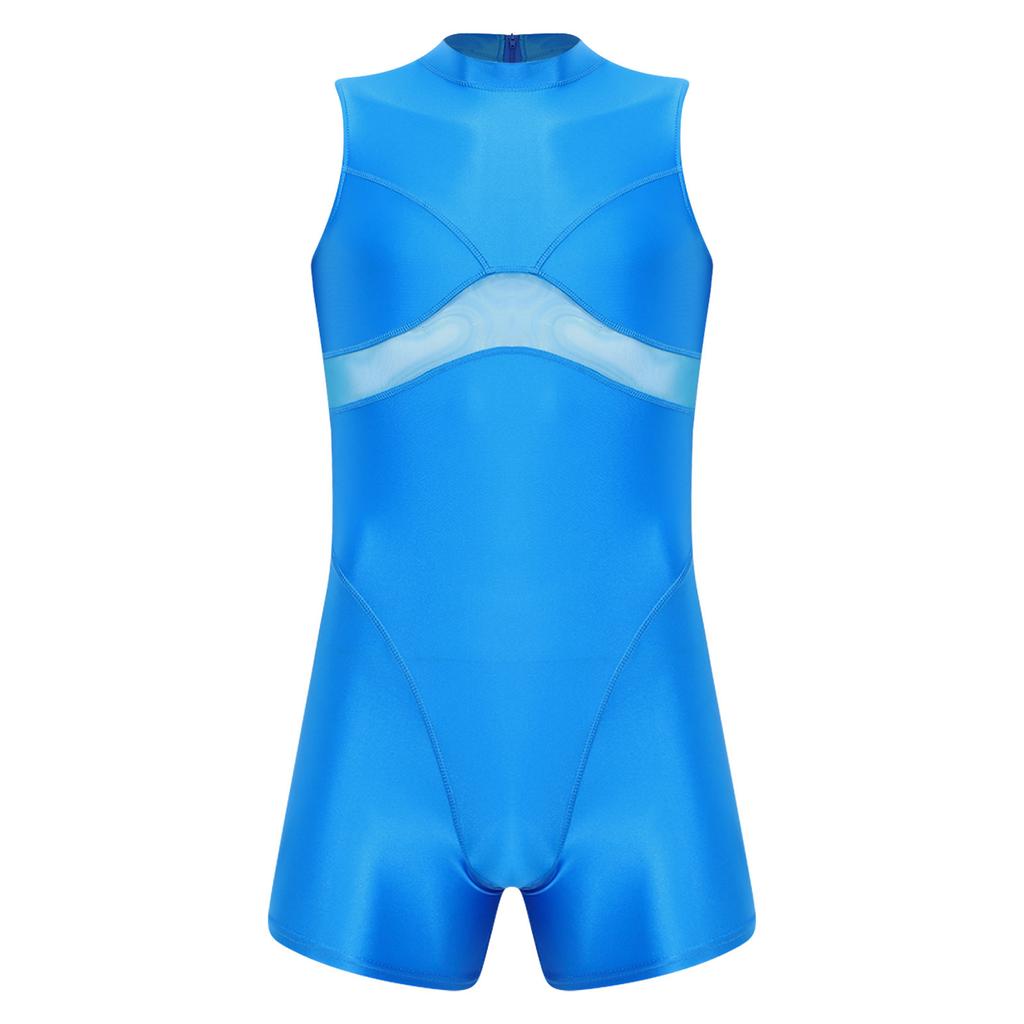Men Yoga Sportswear Bodysuit Oil-shiny Finish Sheer Mesh Mock Neck Sleeveless Back Zipper Boxer Bottom One Piece Swimsuit