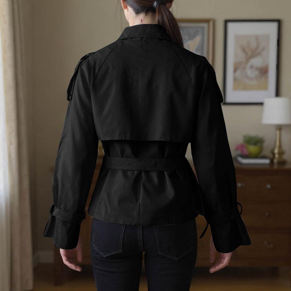 Women's Fashion Stand Collar Double-Breasted Waist-Defining Belted Short Trench Coat