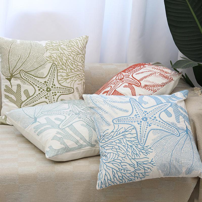 Beach Sea Ocean Octopus Coral Embroidered Pillow Cover Cushion Cover Cotton Pillowcase Flora Sofa Bedroom Home Decor