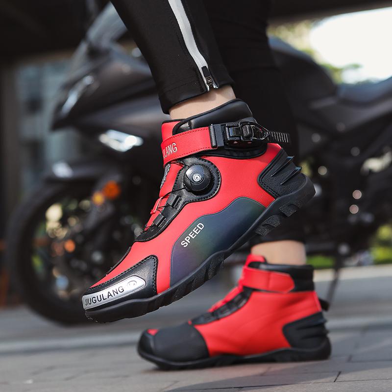 Stivali da moto in pelle unisex 37-46 Scarpe da equitazione anti-collisione antiscivolo con pulsante di rotazione di grandi dimensioni