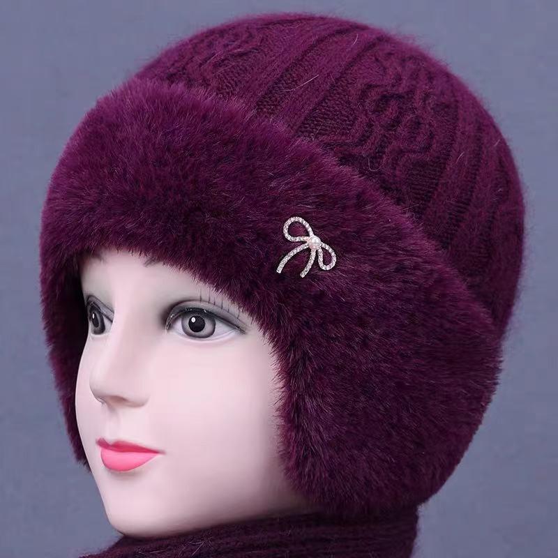 Warm Knitted Beanie Hat Women Winter Elderly Mom Cap With Ear Protection Soft Fleece Lined