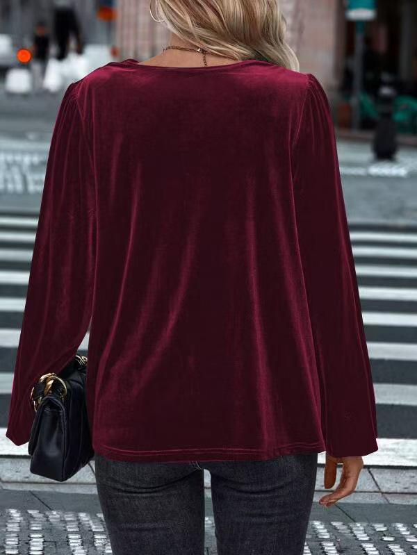 Autumn/Winter Women's Golden Velvet High Neck Puff Sleeve Top