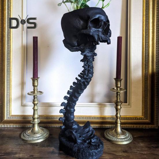 Skull Planter with Spine Stand Realistic Resin Skull Flower Pot Gothic Home Decoration Halloween Candy Bowl for Home Office Decor