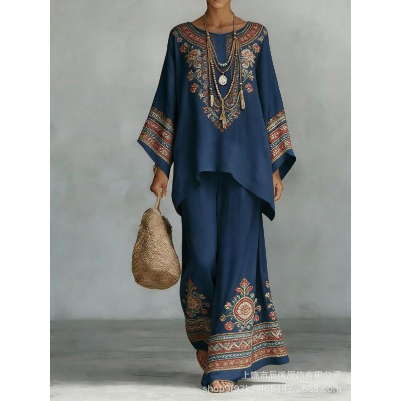 1116 European and American spring new printing temperament round neck versatile casual loose two-piece set