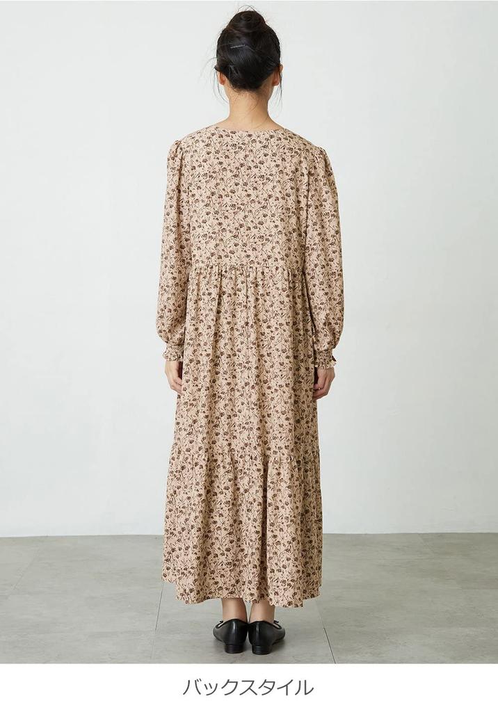 Maternity Volume Tiered Floral Long V Black Floral 10131202 [ANGELIEBE] Dress, Sleeves, Hem, Pattern, Dress, Prenatal, Postnatal, Lined, Sleeve, Neck,