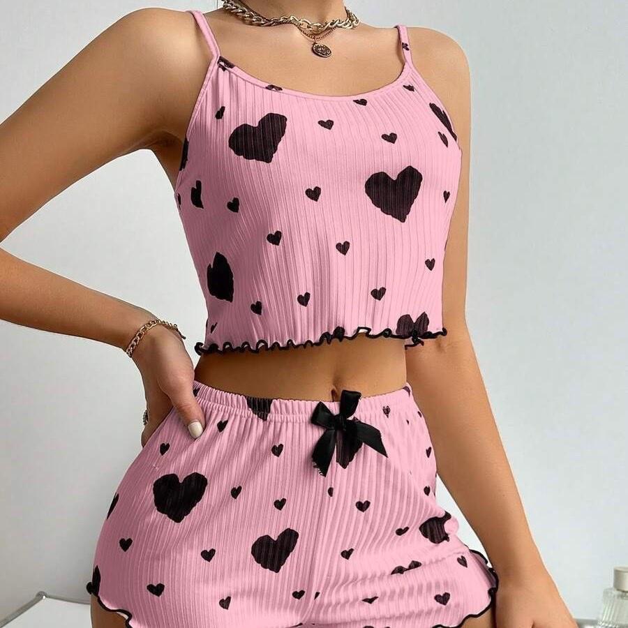 European and American Style Heart Print Camisole Shorts Ribbed Homewear Set
