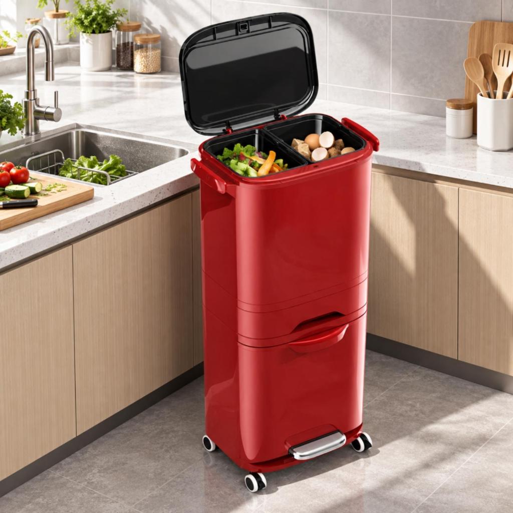 Tiered Kitchen Waste Bin with Pullout Drawer OdorReducing Rolling TwopartCompartment Trash Can