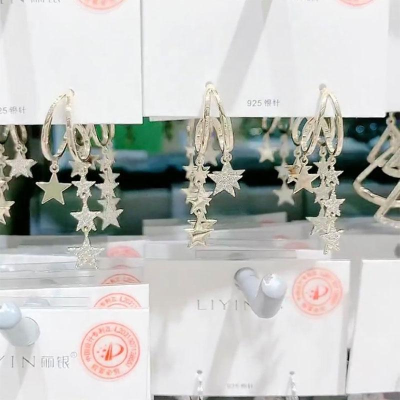 Asymmetric Star Fringed Earrings, Asymmetrical C-ring Earrings, Luxurious Minimalist Zircon Pentagram Earrings