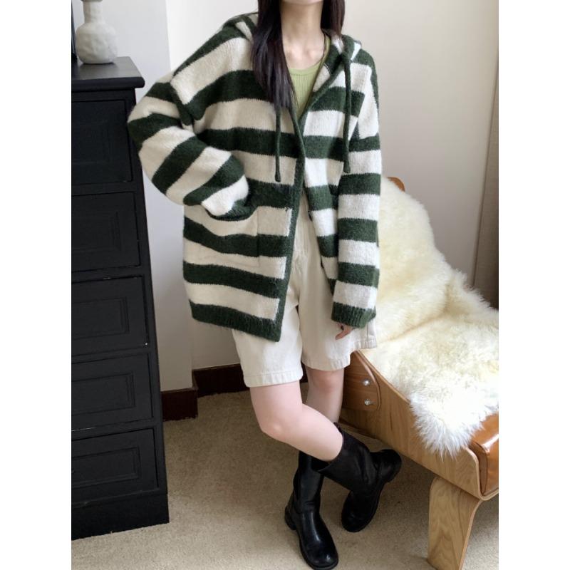 Hooded Striped Knitted Cardigan Women's Medium and Long Autumn and Winter New Alpaca Wool Pocket Sweater Jacket Women