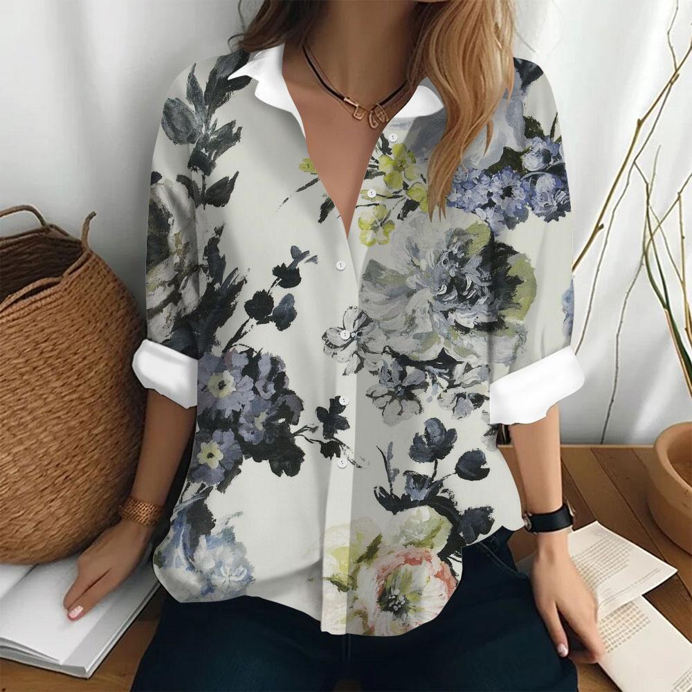 Summer Women's Shirt Long Sleeved Lapel Top Flower Pattern Casual Oversized Button Clothing Women Elegant and Fashionable Shirt