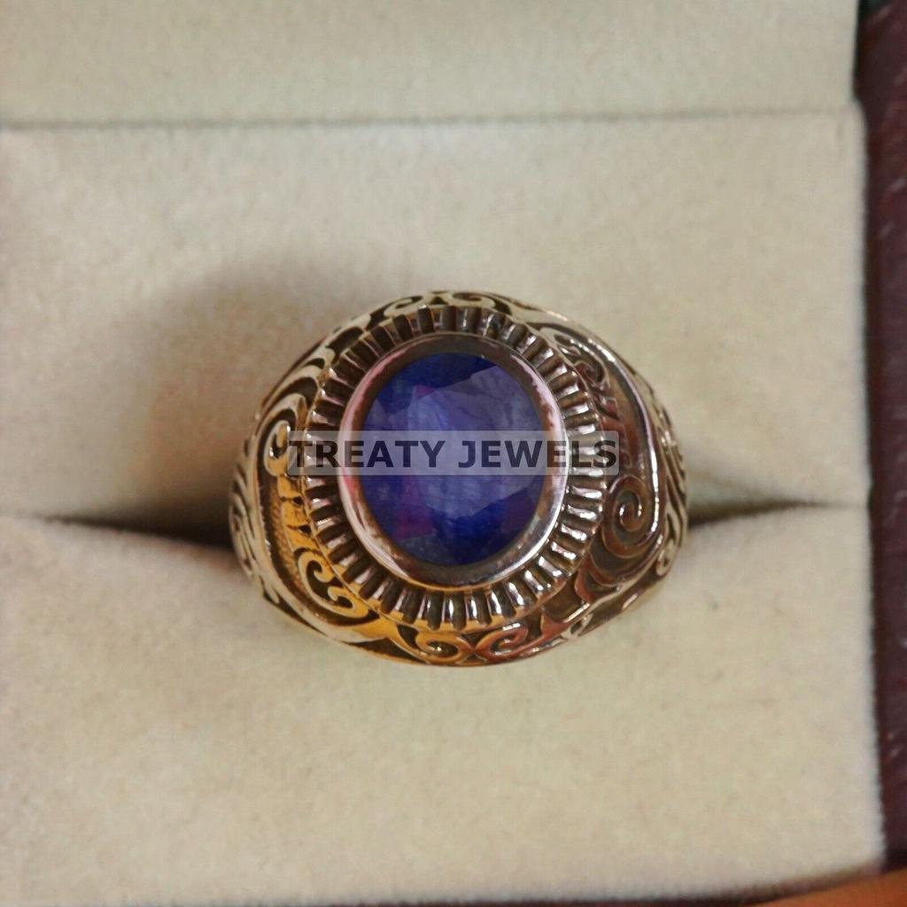 Blue Sapphire Oval Cut Gemstone With 925 Sterling Silver Ring For Men's #B582 JL375686464438