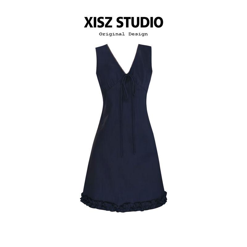 

American Style Gyaru Lace V-neck Sleeveless Vest Dress Women Summer Temperament Waist Hugging Slimming A Word Short dress Navy Blue [High Quality] S
