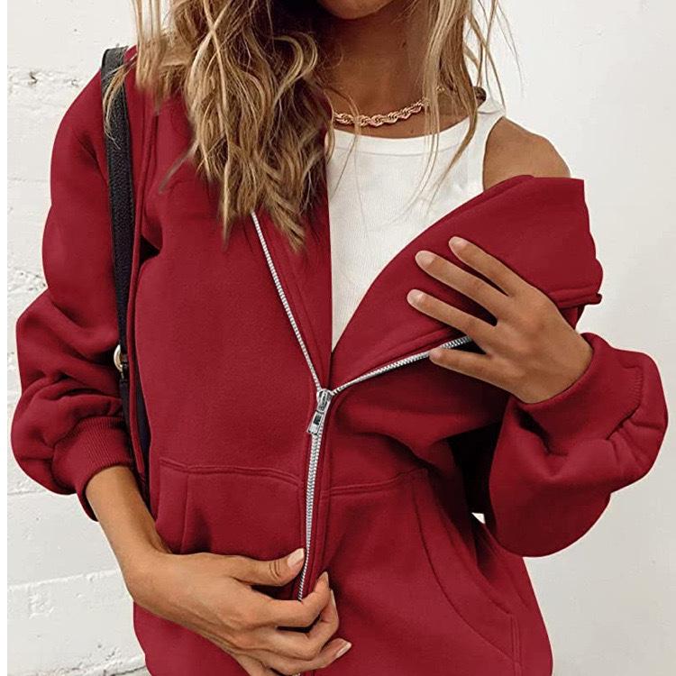 2023 Trendy Women's Solid Color Zipper Hooded Cardigan Jacket with Pockets