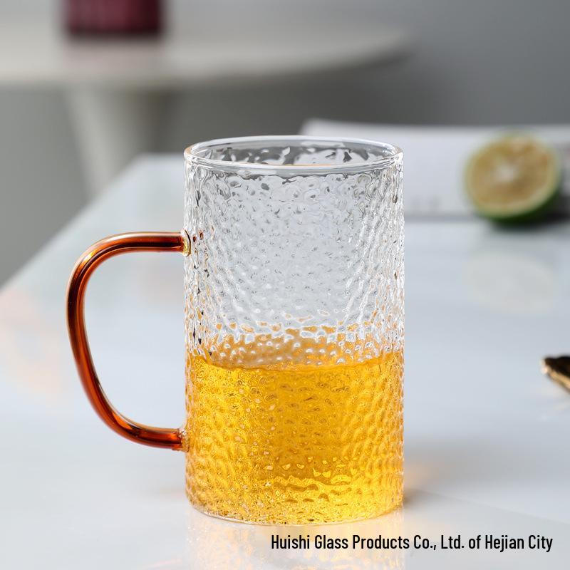 Hammered Glass Cup with Colored Handle - Heat-Resistant Borosilicate for Coffee, Juice, or Breakfast. 320ml