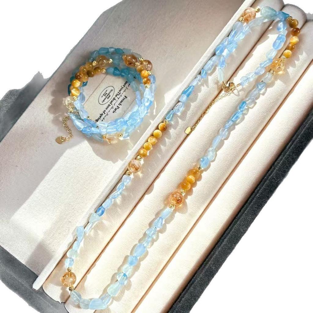 Collier chaîne pull vintage en œil de tigre naturel et aigue-marine, chaîne clavicule