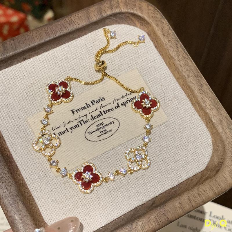 Pink Cherry Blossom Mother-Of-Pearl Four-Leaf Clover Bracelet, Inlaid With Micro-Zircon, Colorful Openwork Design.