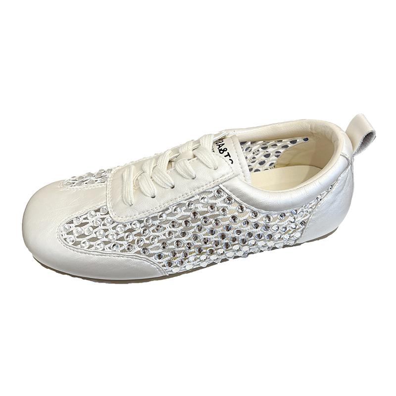 Fashion Breathable Mesh Women's 2025 Summer New Flat German Training Shoes Lace-up Diamond-encrusted Hollow Sandals