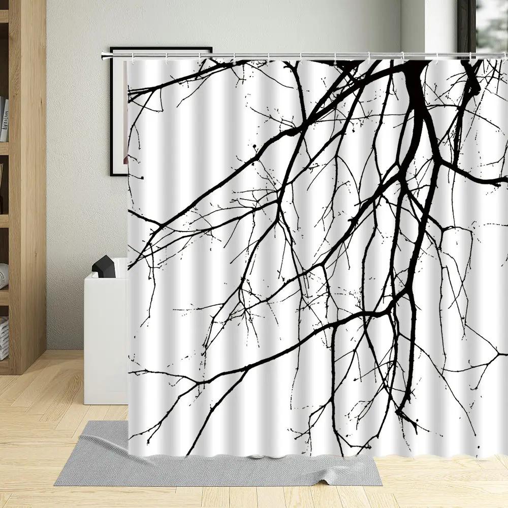 Autumn Tree Bicycle Fallen Leaves Scenery Shower Curtain Winter Forest Branch Leaf Watercolors Art Home Decor Bathroom Curtains